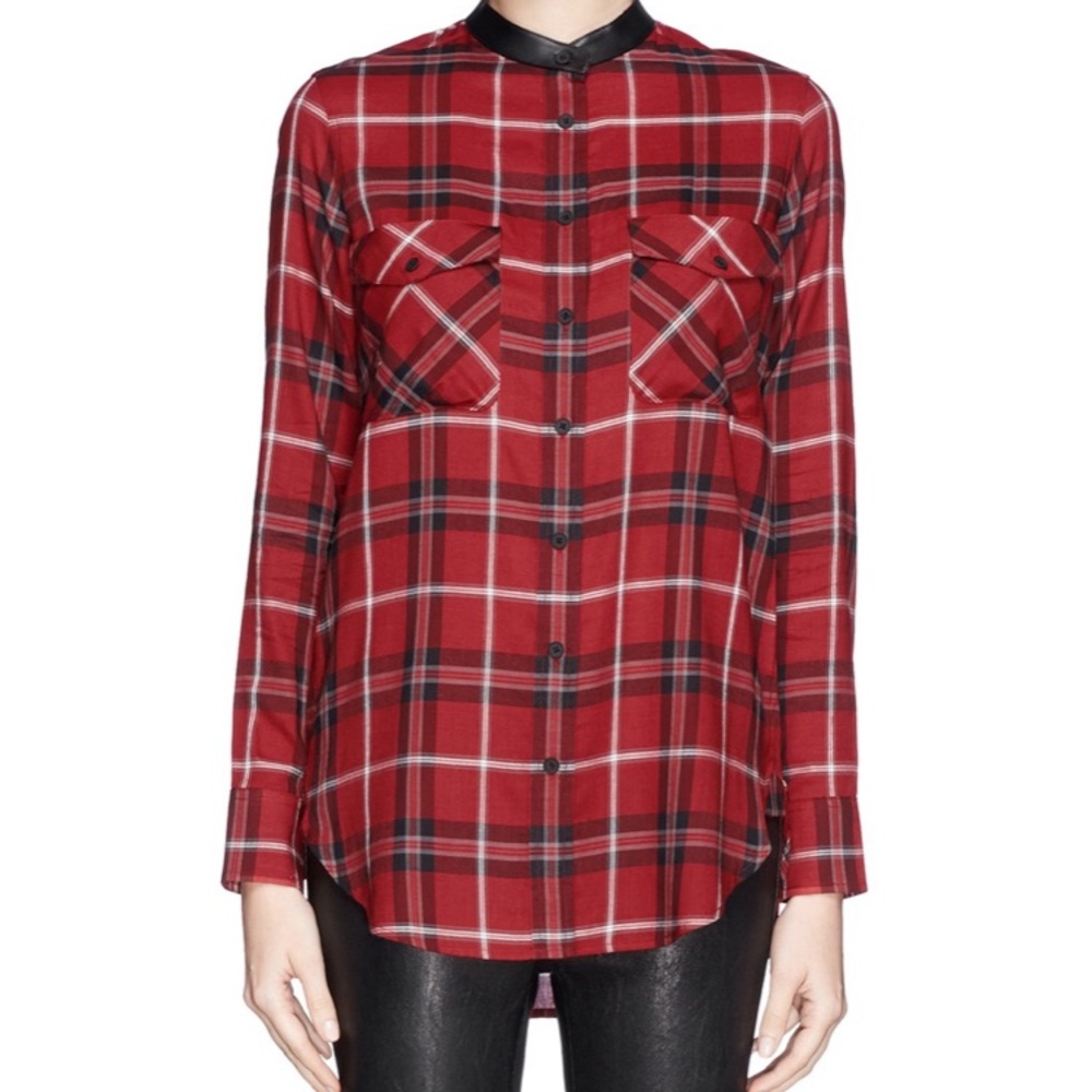 VINCE leather trim plaid shirt